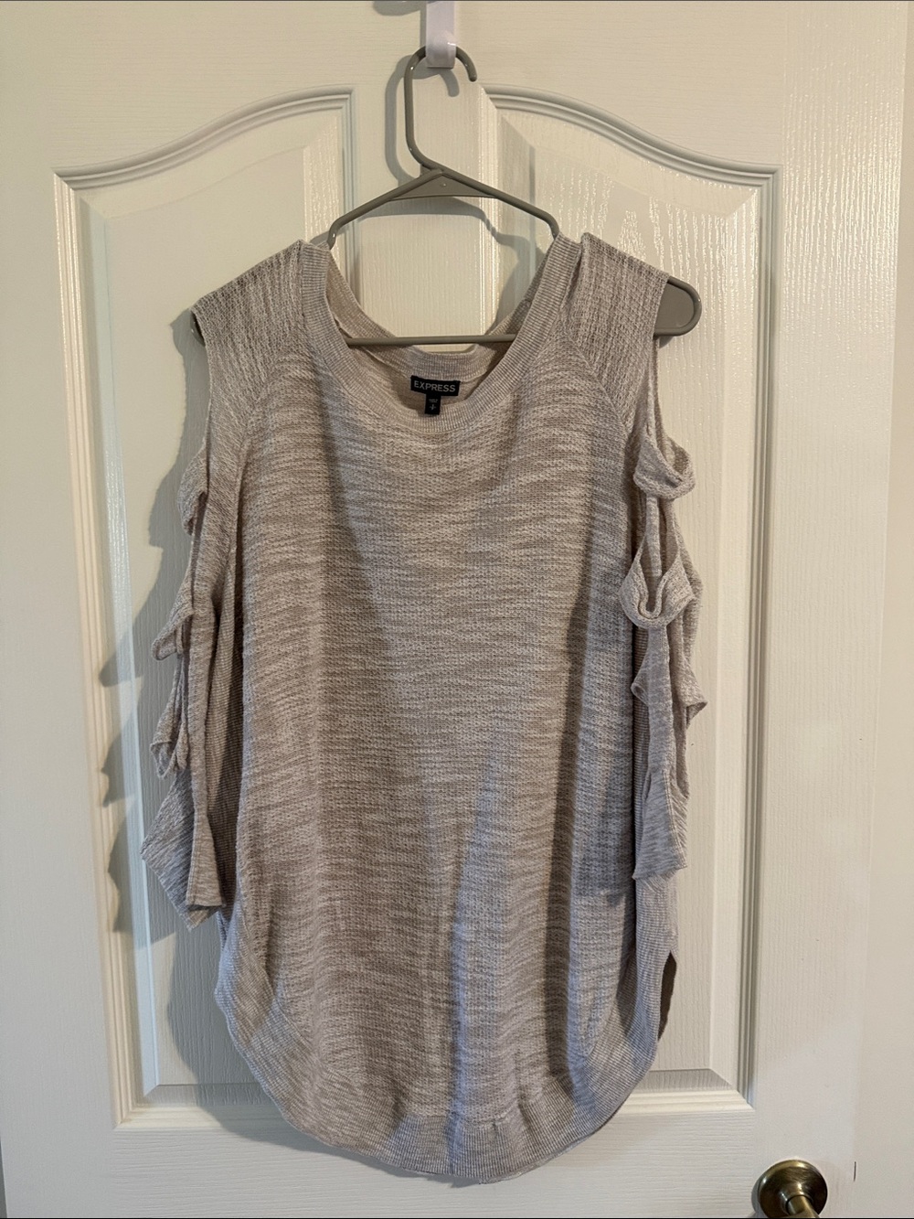 Express Heather Gray Cold-Shoulder Knit Top with Sleeve Ties
